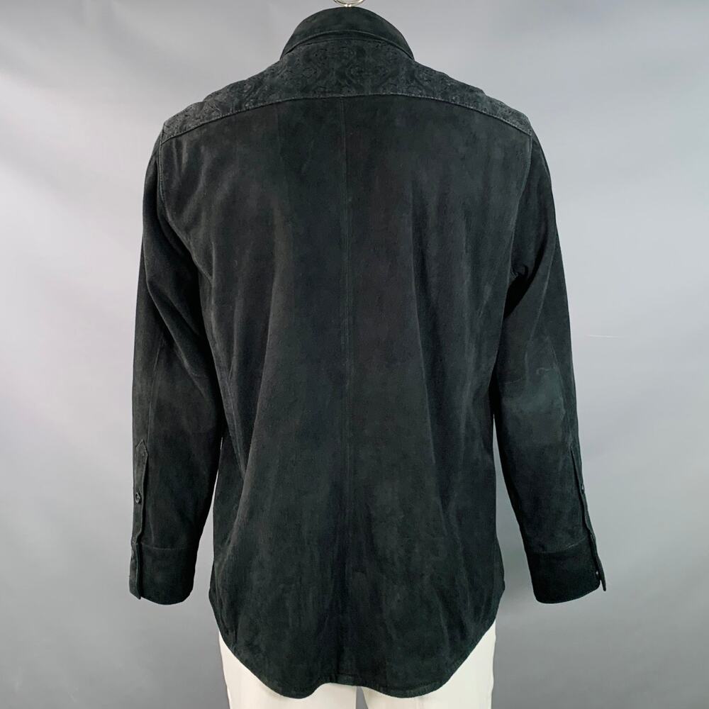 ROBERT GRAHAM Size L Black Embroidery Suede Contrast Trim Long Sleeve Shirt - Picture 4 of 8